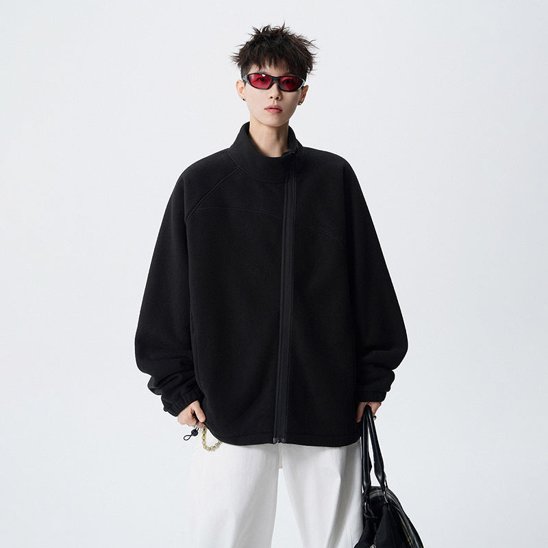 Outdoor Casual Stand Collar Sweatshirt for Men, Loose Fit, Fashionable, Comfortable, Warm, Trendy Solid Color Men's Jacket