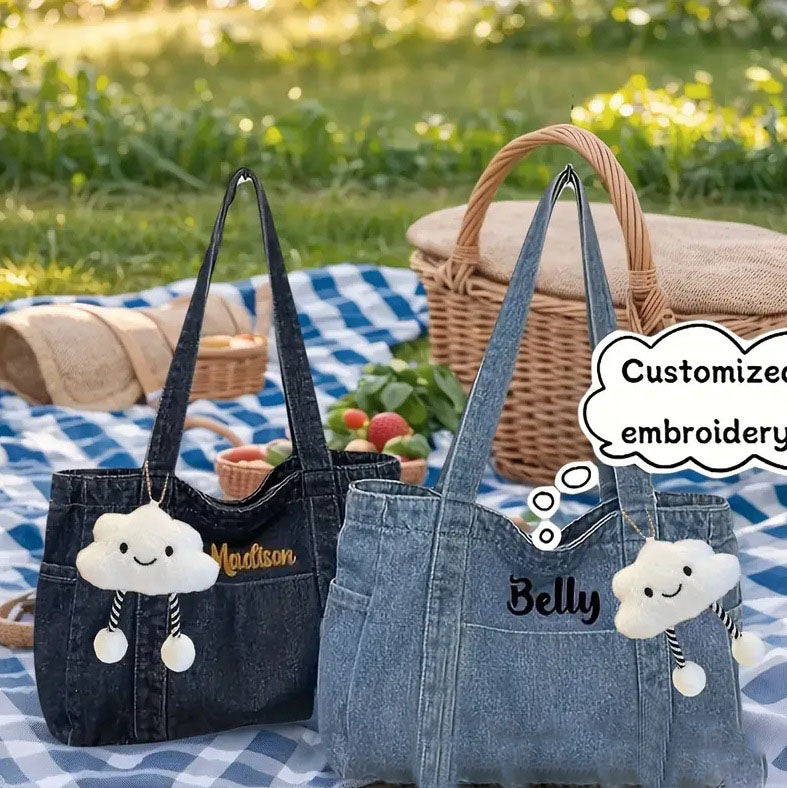 Custom Embroidered Women's Denim Tote Bag, Lightweight Versatile Shoulder Shopping Bag for School & Daily Use