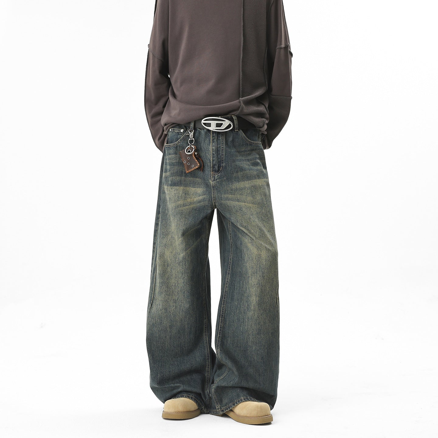 Street Style Loose Straight Leg Jeans for Men, High Street Drape Wide Leg Casual Versatile Long Pants