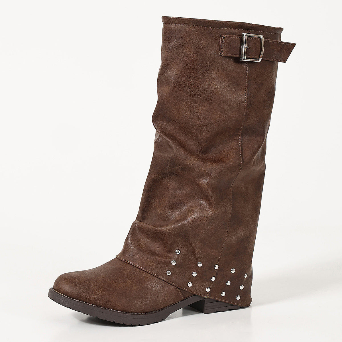 High Heel Boots Women Round Toe Pleated Women's Knight Western Boots Women Bamboo Joint Mid-Calf Copper Buckle Western Fashion Tassel Boots