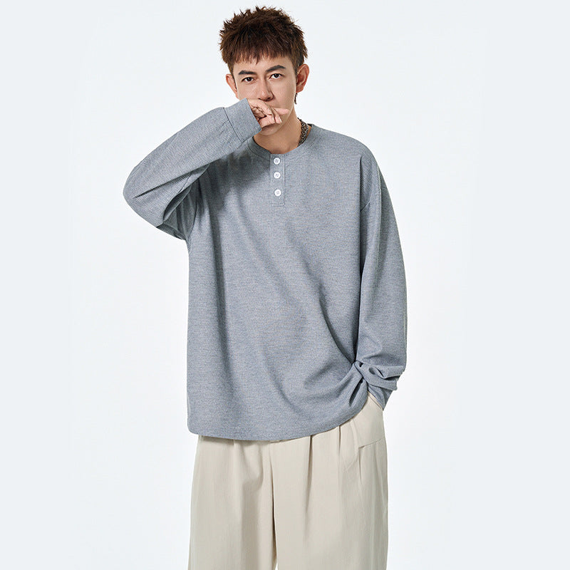 Slim Fit Waffle Knit Henley Neck Long Sleeve T-Shirt Men's Autumn New Casual Versatile Basic Inner Layer Pullover Sweatshirt