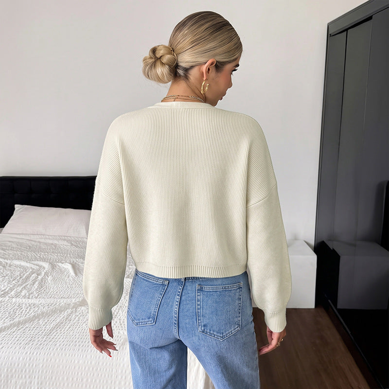 Solid color loose embroidered long sleeved cardigan sweater