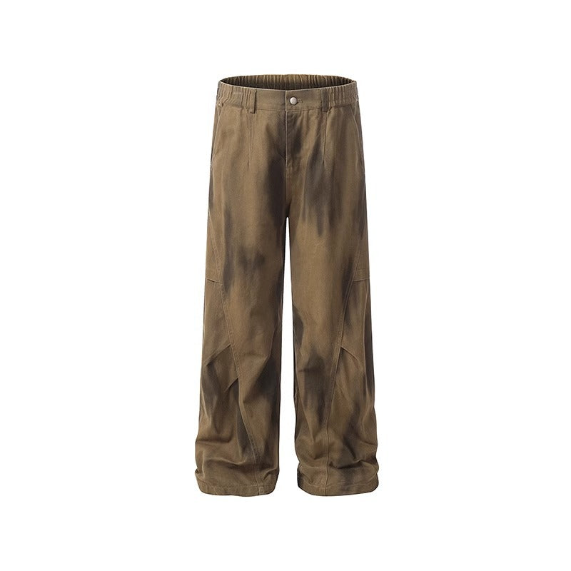 Stylish Design Pleated Distressed Cargo Jeans for Men Loose Fit, Vintage Wash, Versatile Long Pants