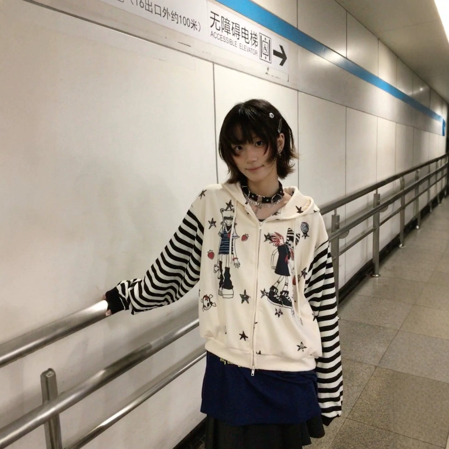 Retro Subculture Cartoon Print Striped Hoodie Women's Loose Soft Girl Cardigan Coat