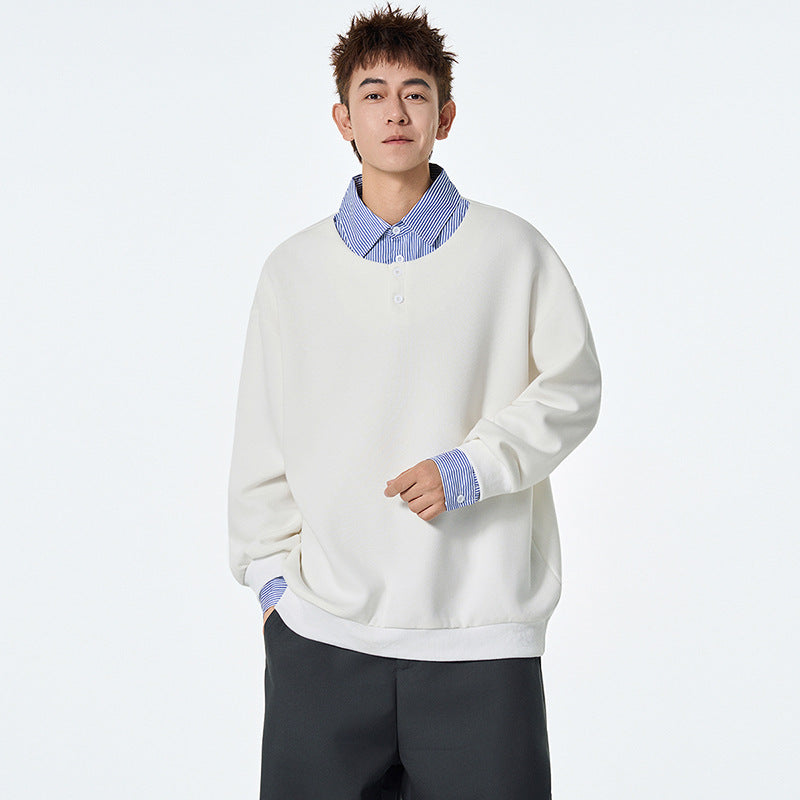 Mock Two-Piece Polo Shirt for Men, Autumn Fashion Brand College Style Turn-Down Collar Sweatshirt Inner Layer Top Underwear