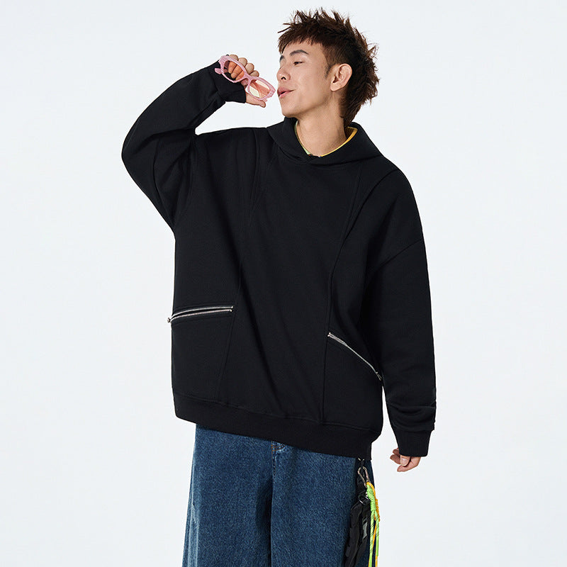 Zipper Pocket Hoodie Men's Long Sleeve Spring Autumn Casual Loose Fit with Pockets Hooded Outerwear
