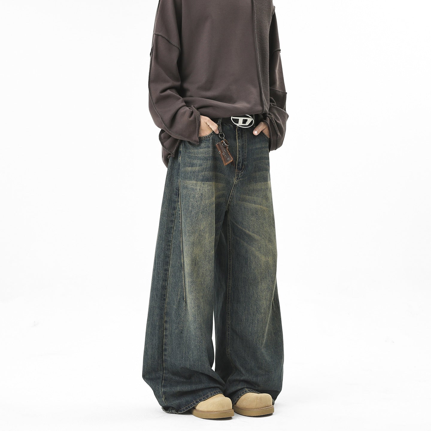 Street Style Loose Straight Leg Jeans for Men, High Street Drape Wide Leg Casual Versatile Long Pants