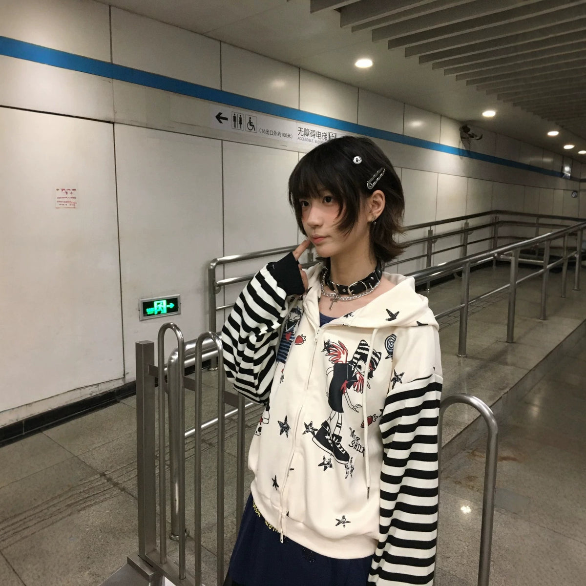 Retro Subculture Cartoon Print Striped Hoodie Women's Loose Soft Girl Cardigan Coat