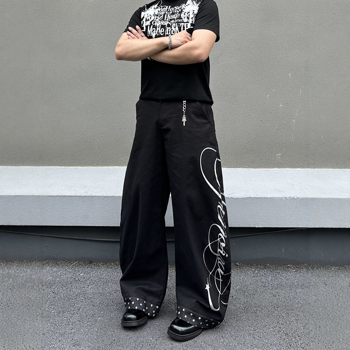 Street Style Black Patchwork Polka Dot Print Men's Loose Wide-Leg Jeans, Cool Casual Flared Denim Pants