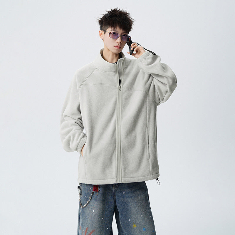 Outdoor Casual Stand Collar Sweatshirt for Men, Loose Fit, Fashionable, Comfortable, Warm, Trendy Solid Color Men's Jacket