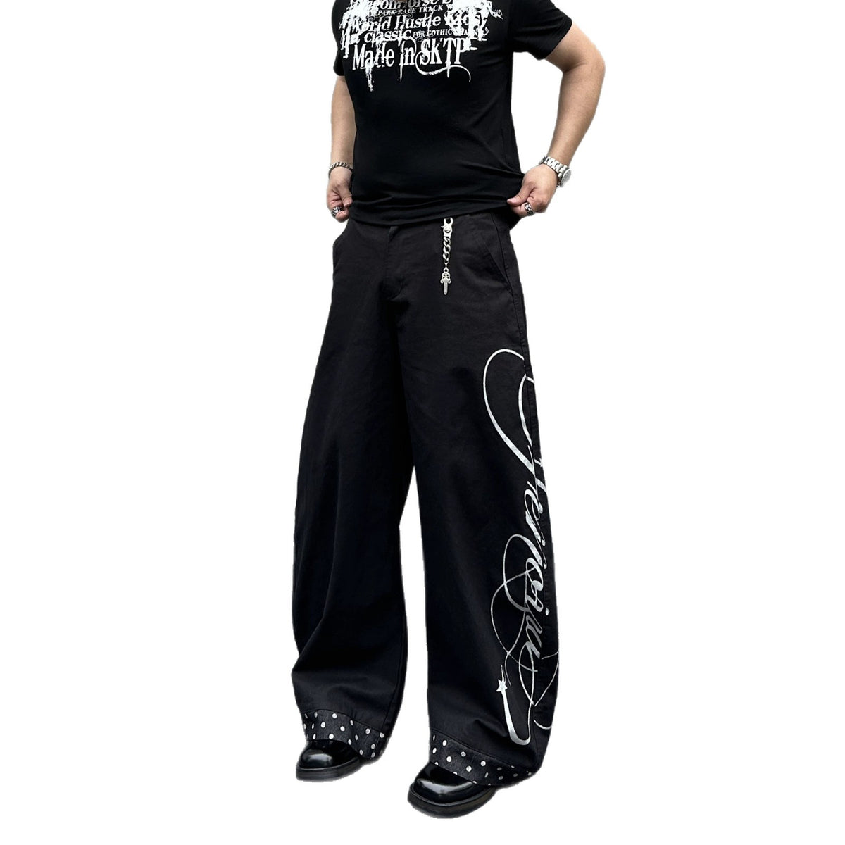 Street Style Black Patchwork Polka Dot Print Men's Loose Wide-Leg Jeans, Cool Casual Flared Denim Pants