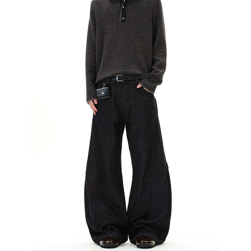 Retro 3D Deconstructed Denim Pants Men Fashion Loose Straight Leg Knife Cut Pants