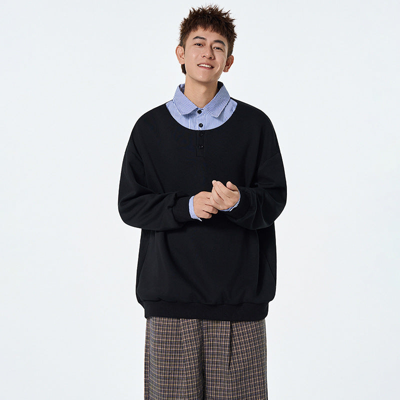 Mock Two-Piece Polo Shirt for Men, Autumn Fashion Brand College Style Turn-Down Collar Sweatshirt Inner Layer Top Underwear