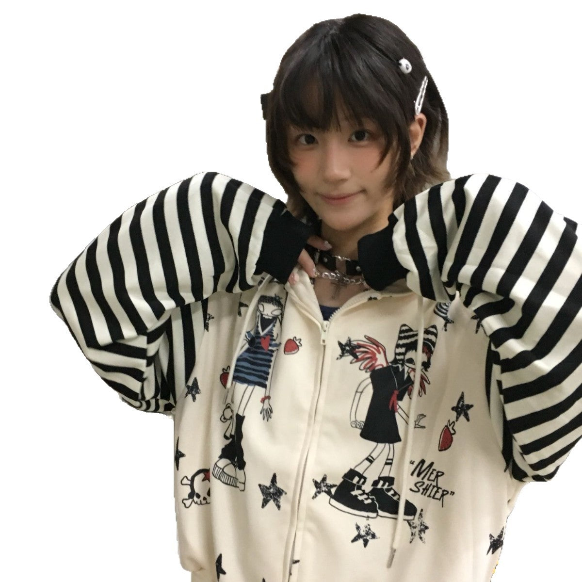 Retro Subculture Cartoon Print Striped Hoodie Women's Loose Soft Girl Cardigan Coat