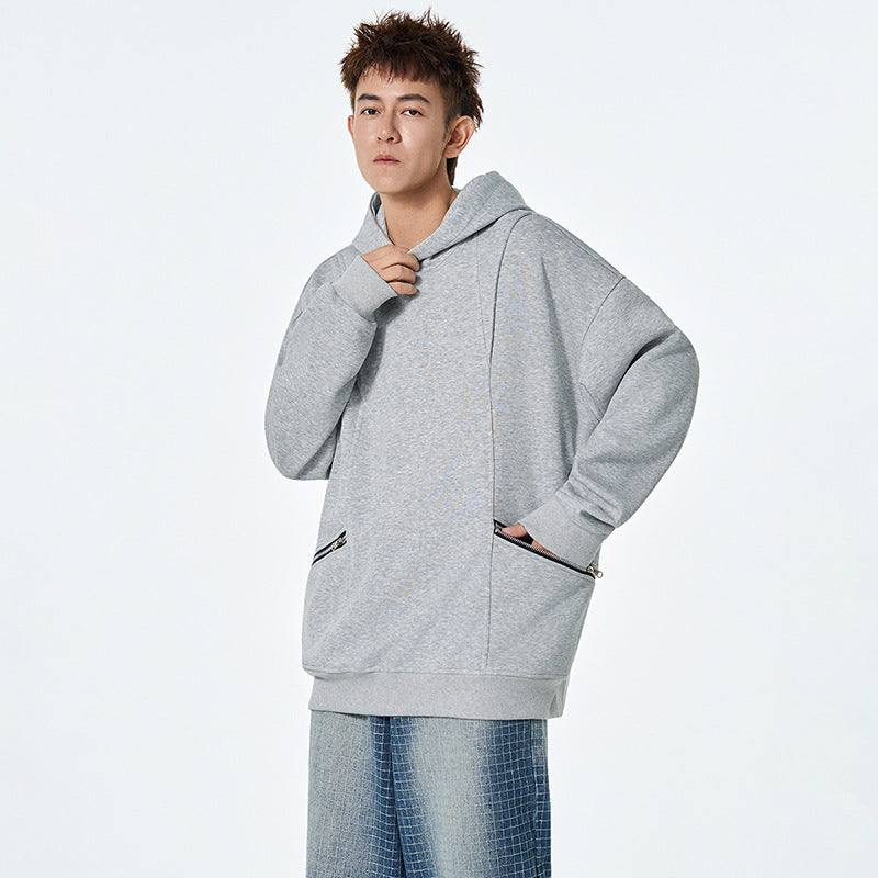 Zipper Pocket Hoodie Men's Long Sleeve Spring Autumn Casual Loose Fit with Pockets Hooded Outerwear