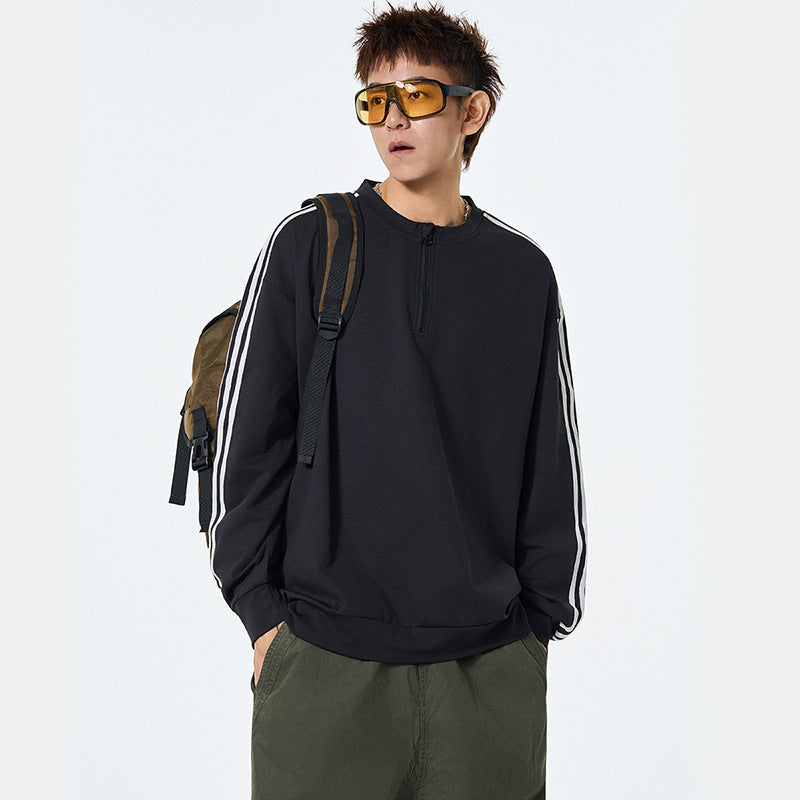 Thick Lightweight Hoodie Men Autumn Loose Fashion Brand Striped Base Layer Round Neck High Street Versatile Couple Tops