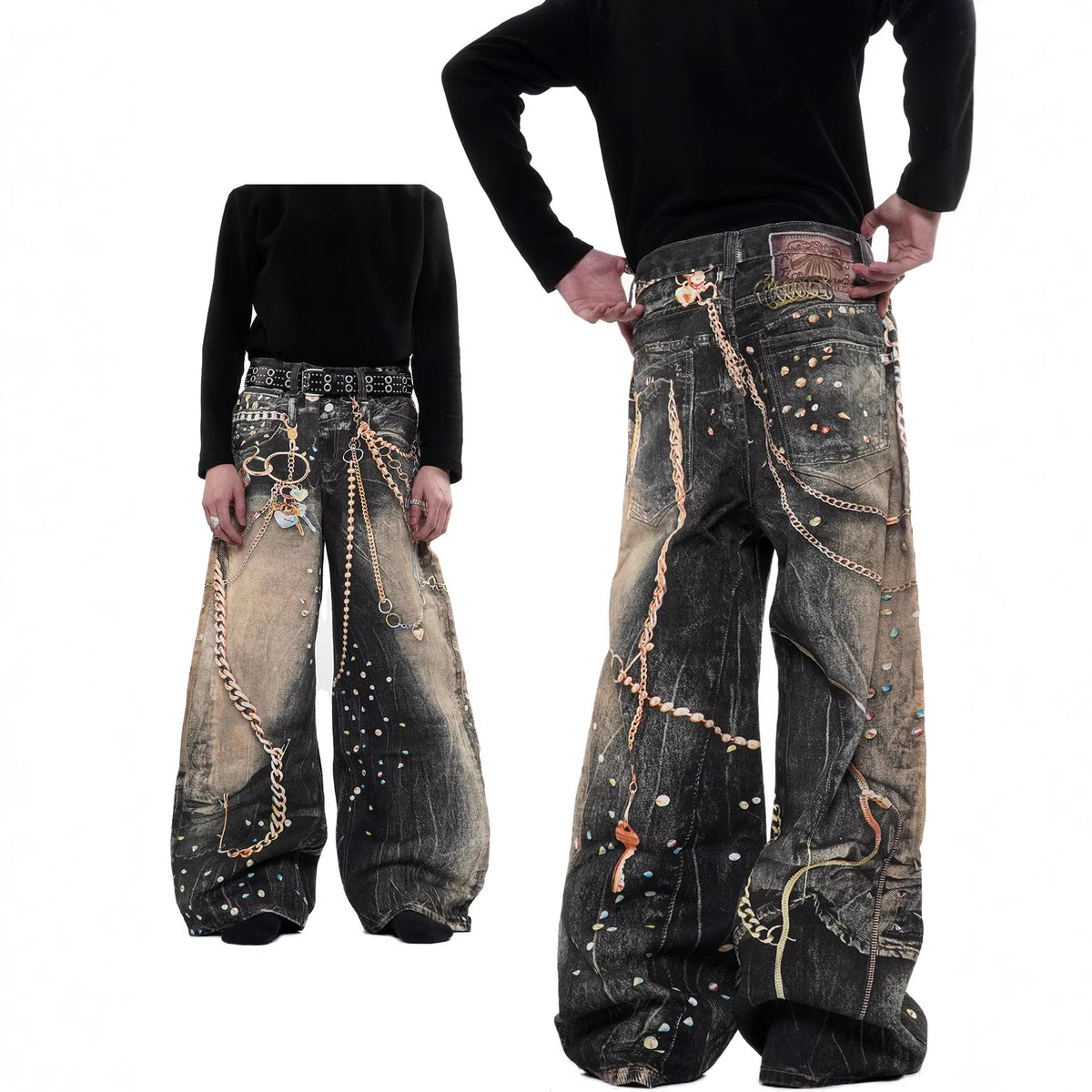 Heavyweight Printed Streetwear Denim Pants with Chain Detail Straight Leg Long Trousers for Men and Women
