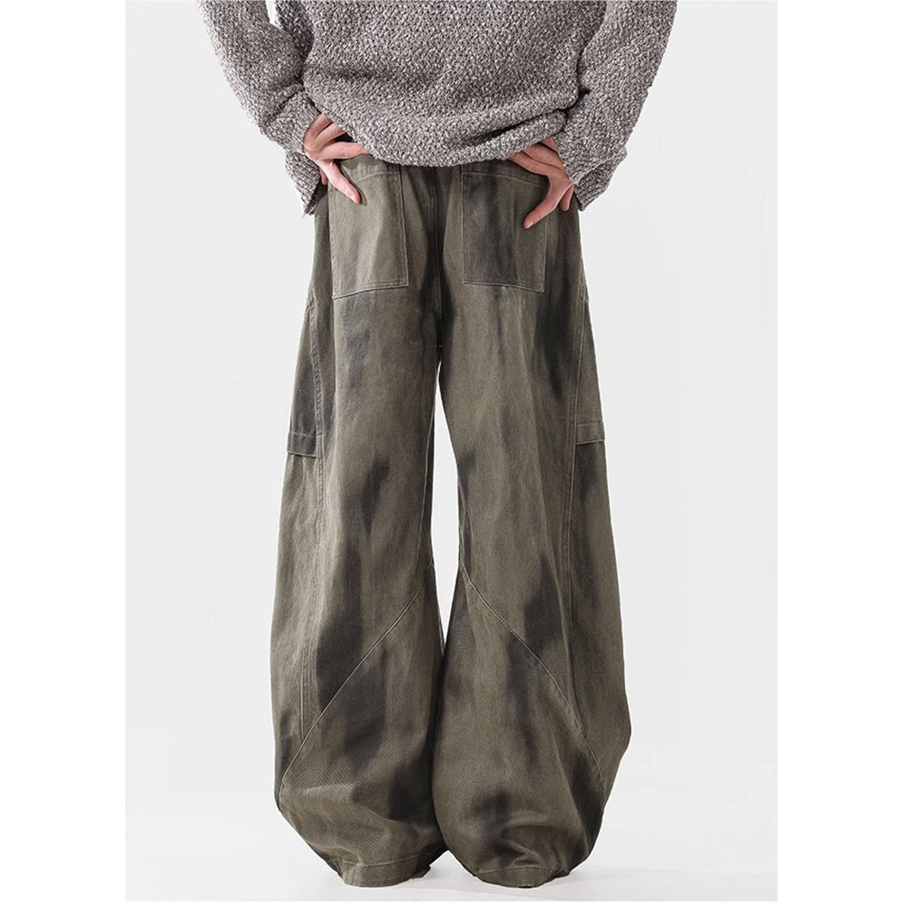 Stylish Design Pleated Distressed Cargo Jeans for Men Loose Fit, Vintage Wash, Versatile Long Pants