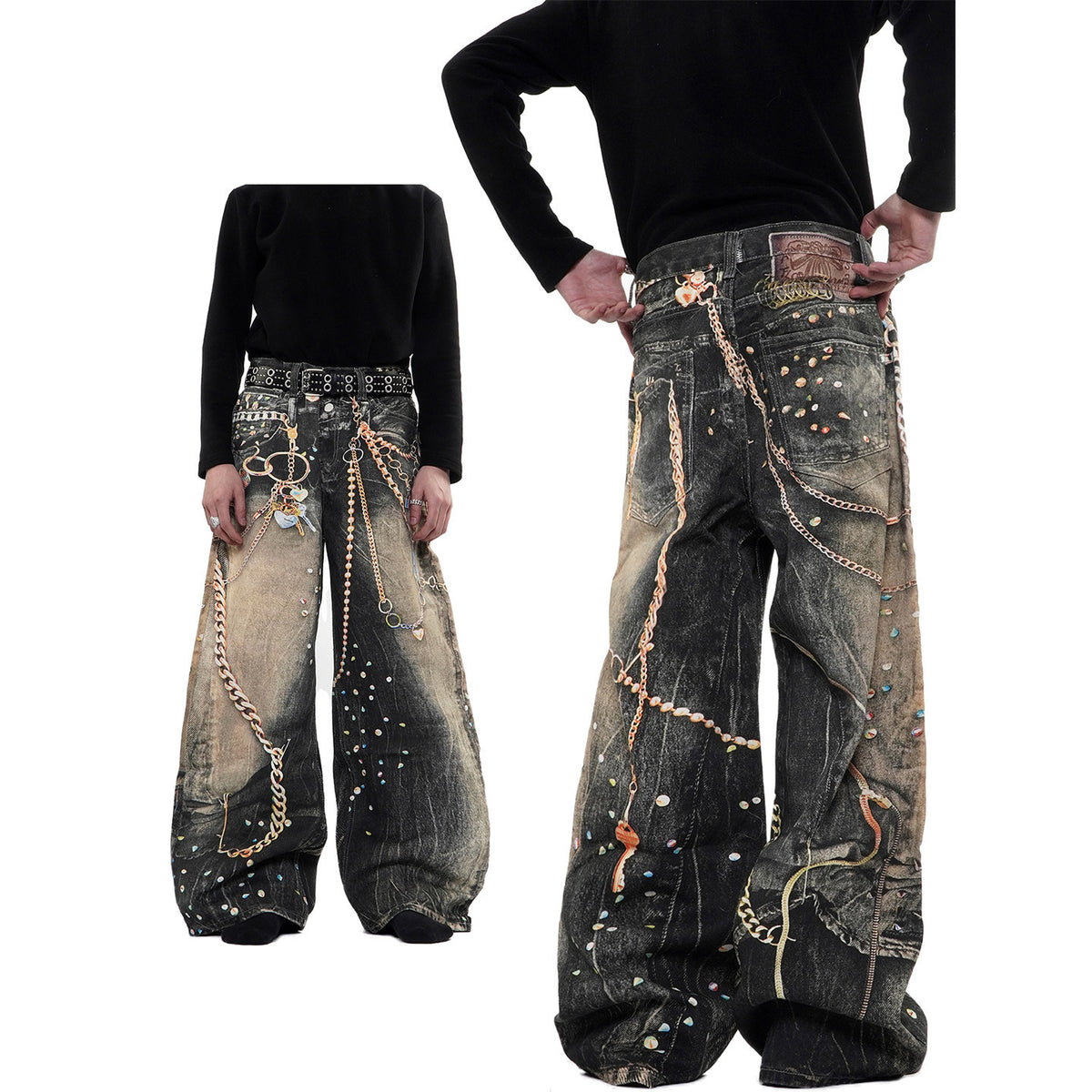 Heavyweight Printed Streetwear Denim Pants with Chain Detail Straight Leg Long Trousers for Men and Women