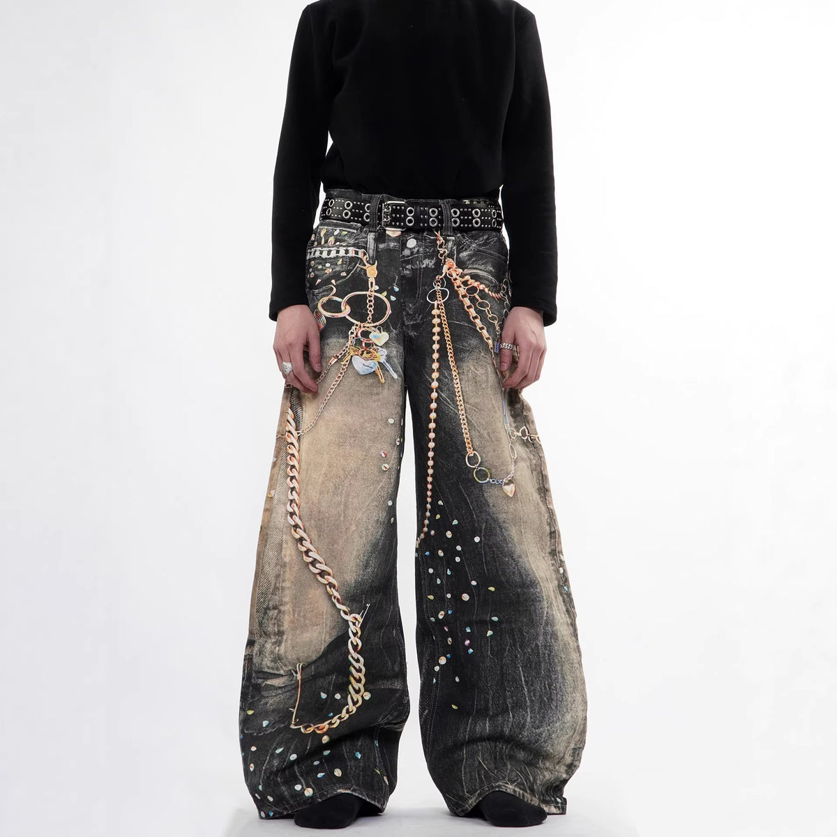 Heavyweight Printed Streetwear Denim Pants with Chain Detail Straight Leg Long Trousers for Men and Women