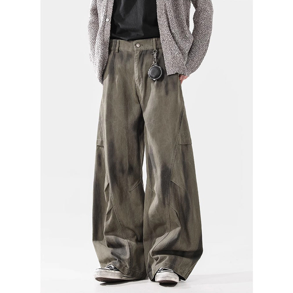 Stylish Design Pleated Distressed Cargo Jeans for Men Loose Fit, Vintage Wash, Versatile Long Pants