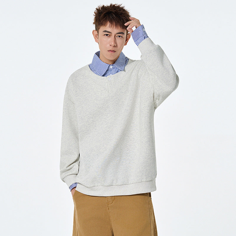 Mock Two-Piece Polo Shirt for Men, Autumn Fashion Brand College Style Turn-Down Collar Sweatshirt Inner Layer Top Underwear