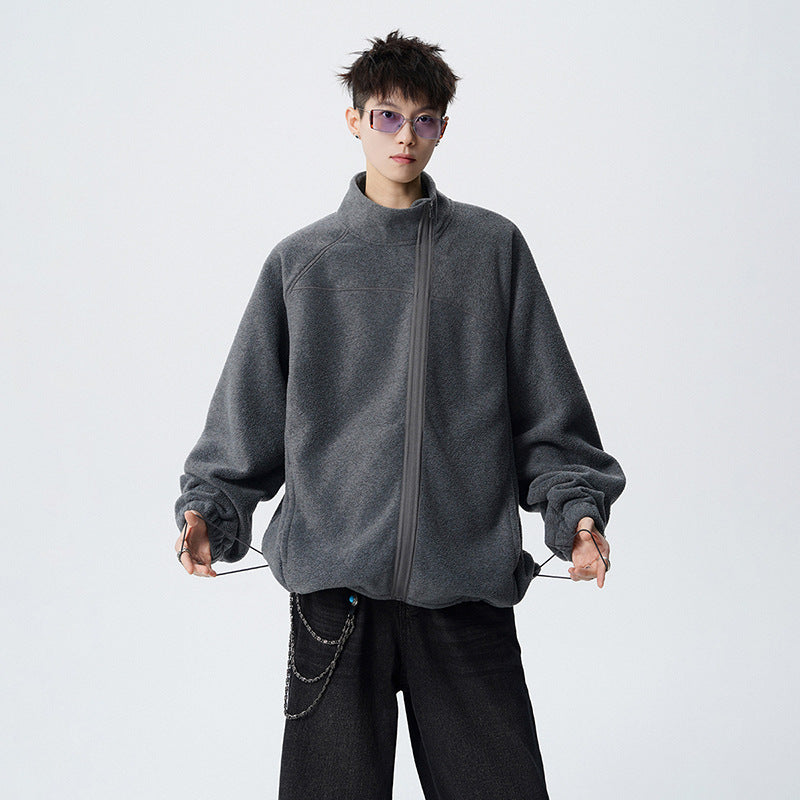 Outdoor Casual Stand Collar Sweatshirt for Men, Loose Fit, Fashionable, Comfortable, Warm, Trendy Solid Color Men's Jacket