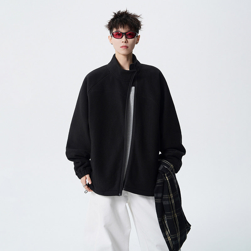 Outdoor Casual Stand Collar Sweatshirt for Men, Loose Fit, Fashionable, Comfortable, Warm, Trendy Solid Color Men's Jacket