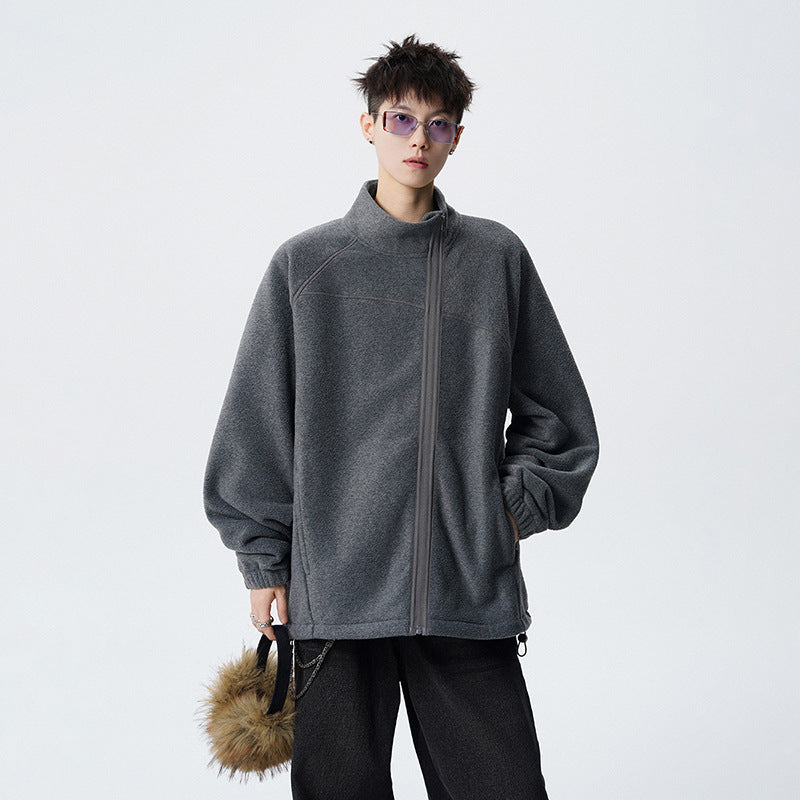 Outdoor Casual Stand Collar Sweatshirt for Men, Loose Fit, Fashionable, Comfortable, Warm, Trendy Solid Color Men's Jacket