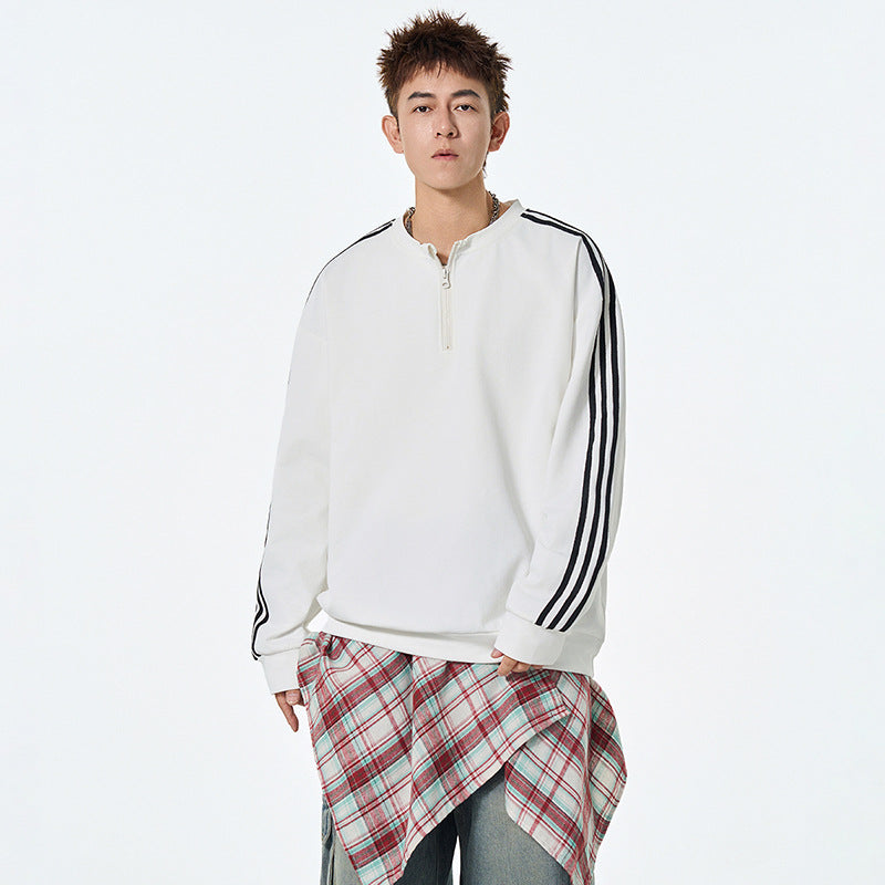 Thick Lightweight Hoodie Men Autumn Loose Fashion Brand Striped Base Layer Round Neck High Street Versatile Couple Tops