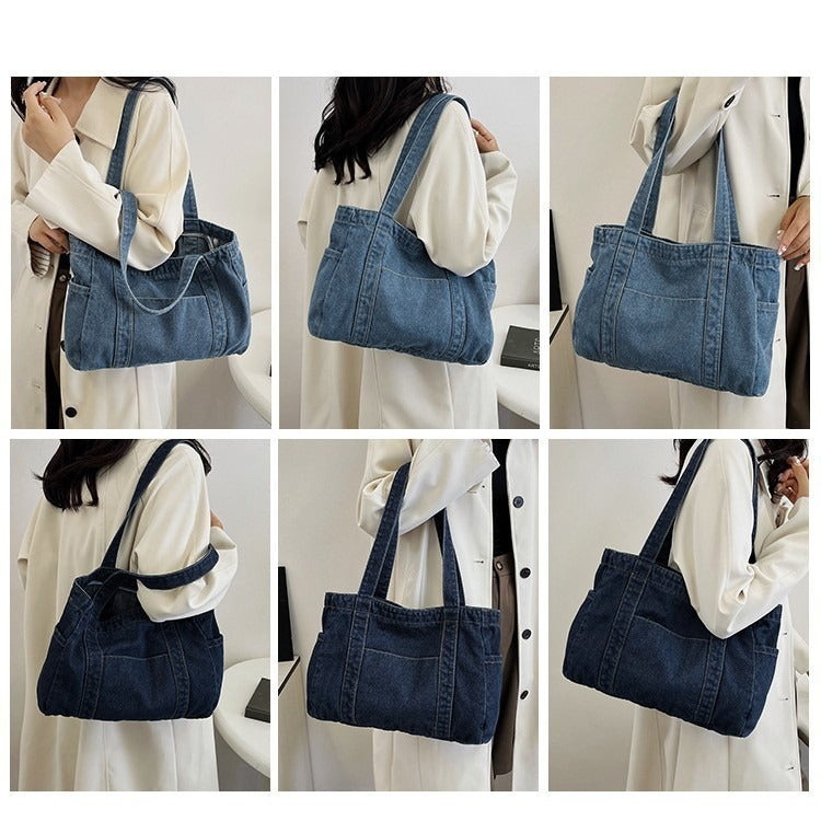 Custom Embroidered Women's Denim Tote Bag, Lightweight Versatile Shoulder Shopping Bag for School & Daily Use