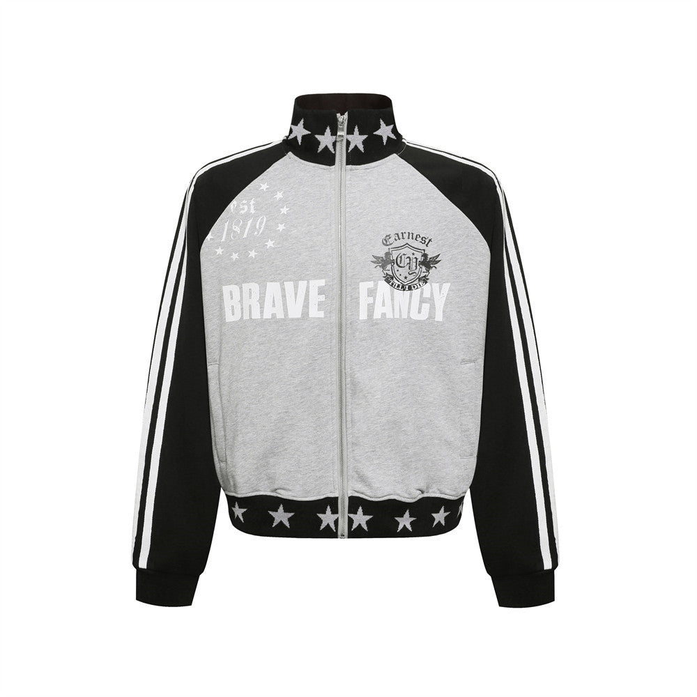 Splicing contrasting raglan sleeves stand up collar cardigan sweatshirt