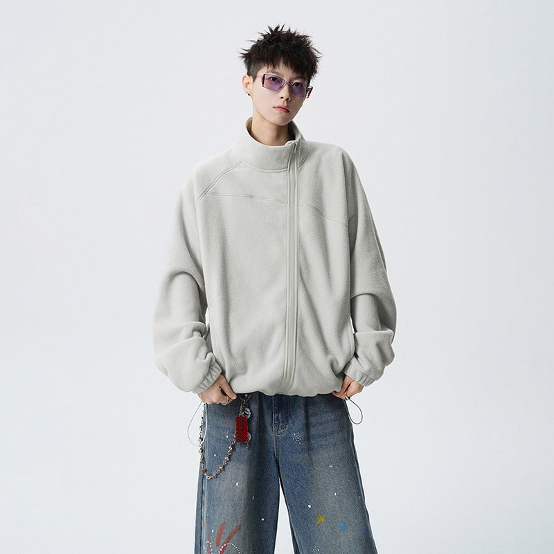Outdoor Casual Stand Collar Sweatshirt for Men, Loose Fit, Fashionable, Comfortable, Warm, Trendy Solid Color Men's Jacket