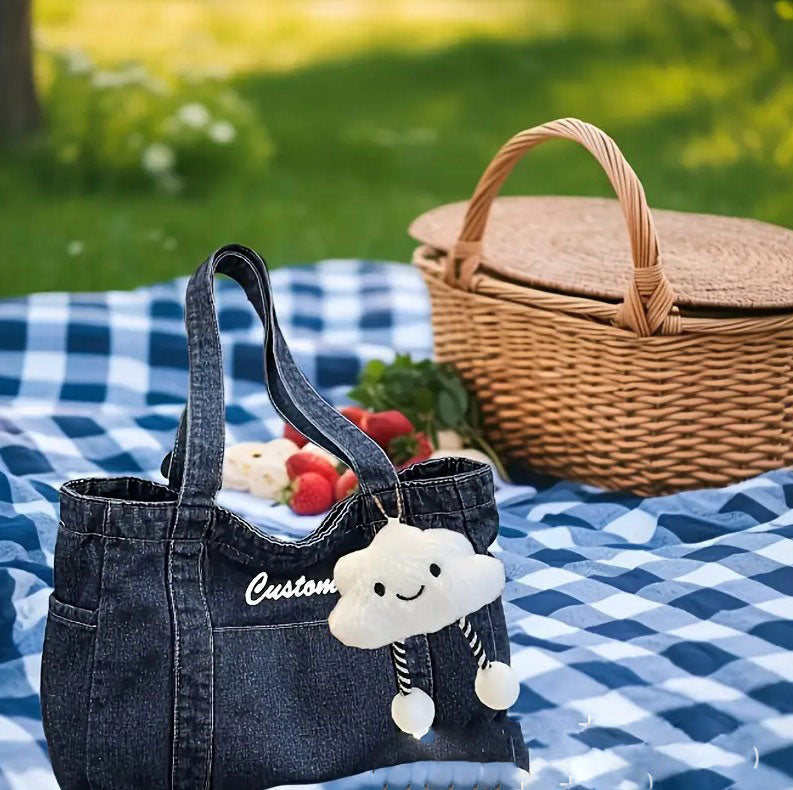 Custom Embroidered Women's Denim Tote Bag, Lightweight Versatile Shoulder Shopping Bag for School & Daily Use