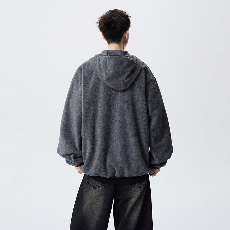 Winter Men's Heavyweight Deconstructed Hoodie Jacket, Streetwear Fashion Hooded Sweatshirt with Open Front Design, Patchwork Couple Hoodie
