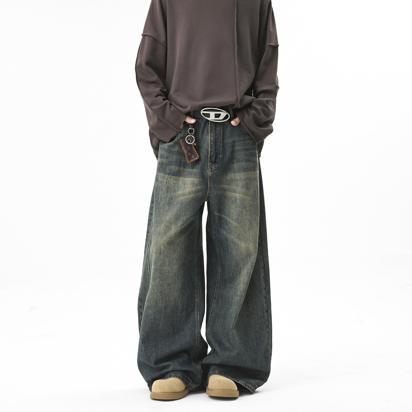 Street Style Loose Straight Leg Jeans for Men, High Street Drape Wide Leg Casual Versatile Long Pants