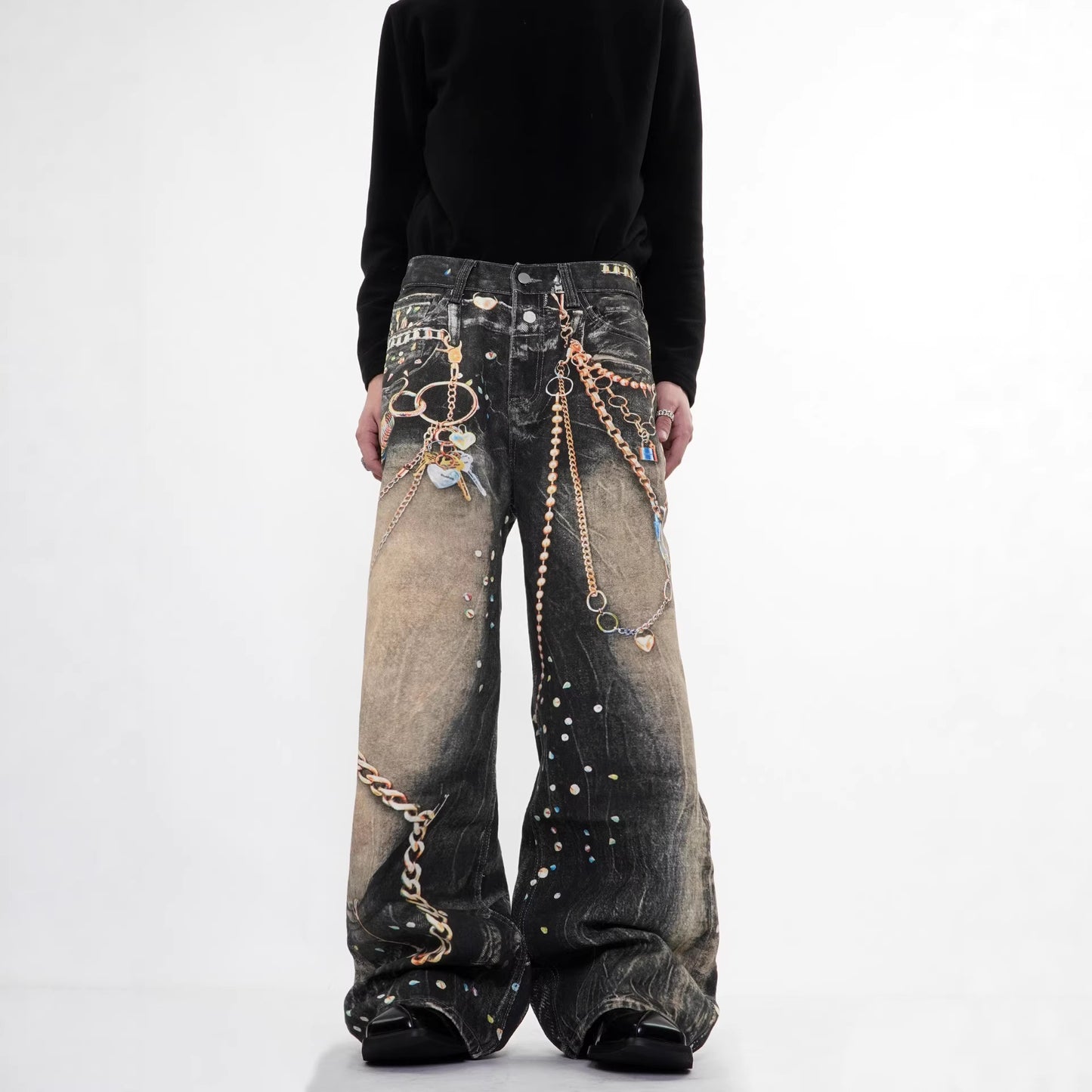 Heavyweight Printed Streetwear Denim Pants with Chain Detail Straight Leg Long Trousers for Men and Women