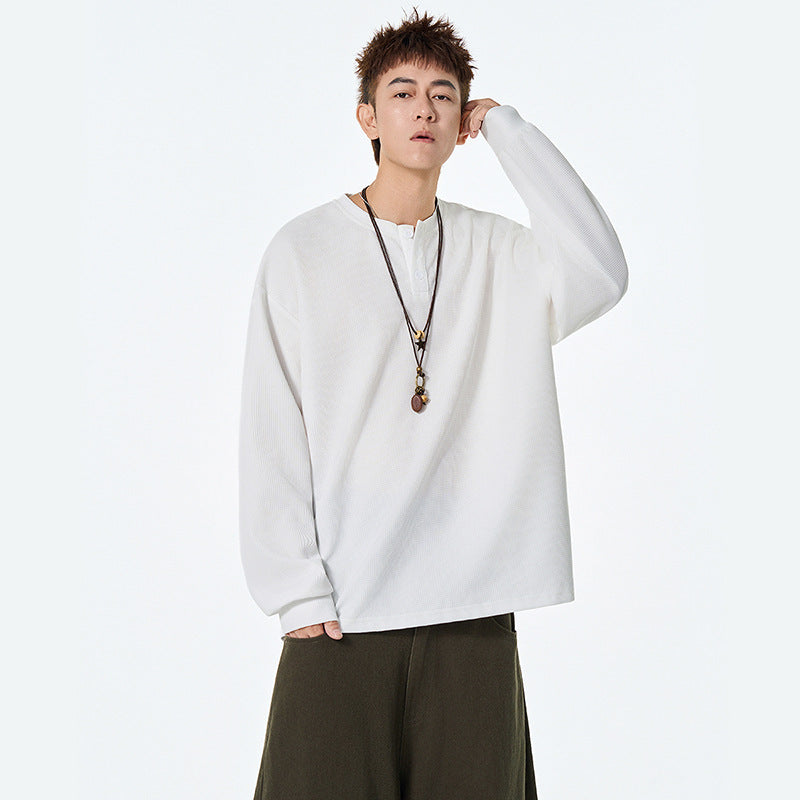 Slim Fit Waffle Knit Henley Neck Long Sleeve T-Shirt Men's Autumn New Casual Versatile Basic Inner Layer Pullover Sweatshirt