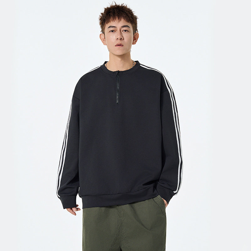 Thick Lightweight Hoodie Men Autumn Loose Fashion Brand Striped Base Layer Round Neck High Street Versatile Couple Tops