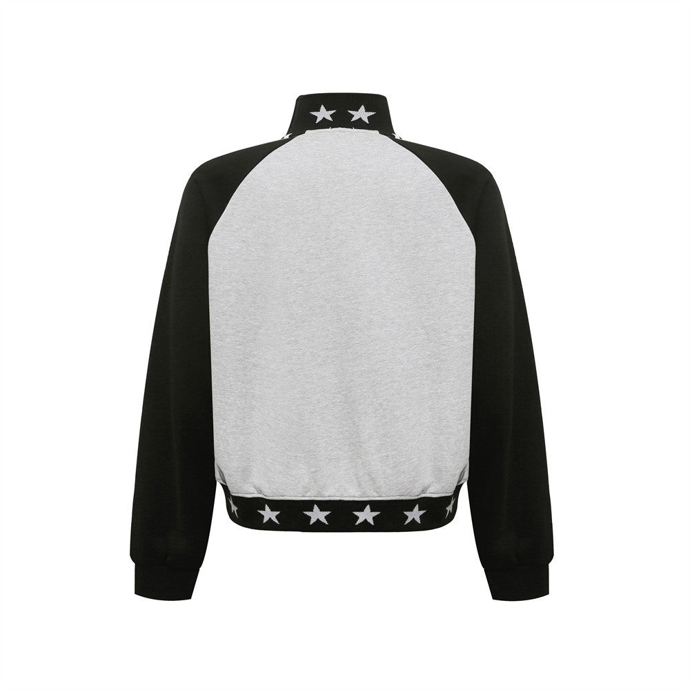 Splicing contrasting raglan sleeves stand up collar cardigan sweatshirt