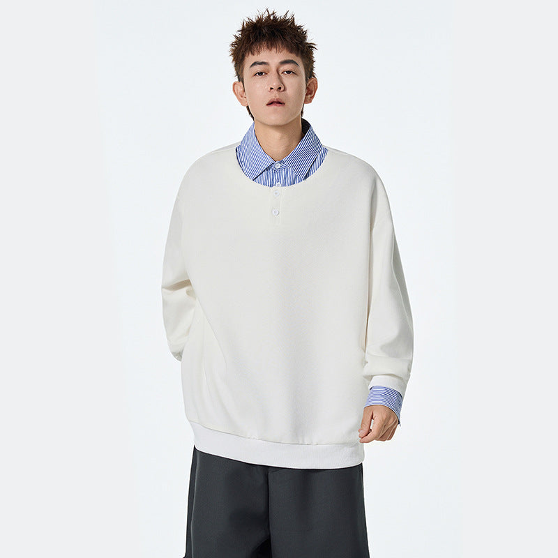 Mock Two-Piece Polo Shirt for Men, Autumn Fashion Brand College Style Turn-Down Collar Sweatshirt Inner Layer Top Underwear