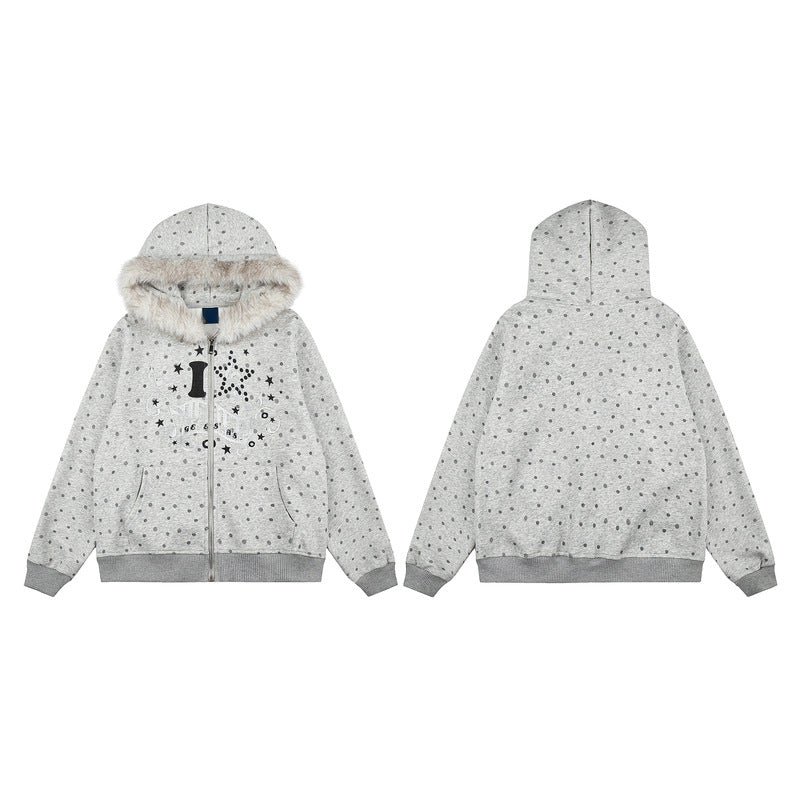 Polka dot fur collar hooded zipper star note jacket for women