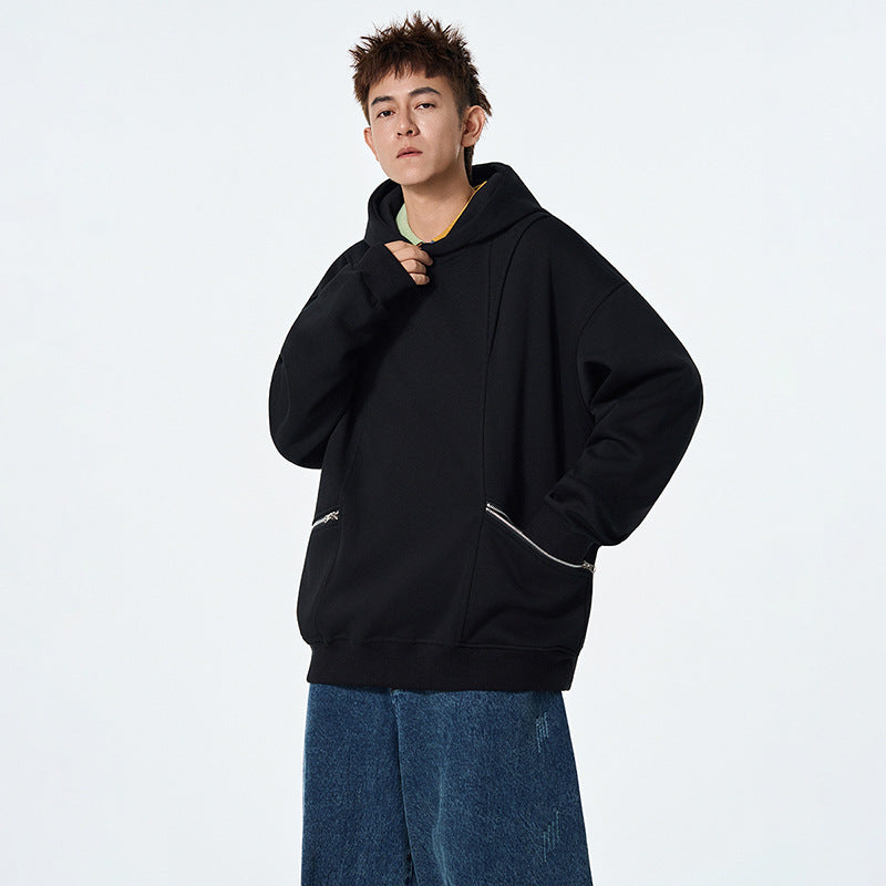 Zipper Pocket Hoodie Men's Long Sleeve Spring Autumn Casual Loose Fit with Pockets Hooded Outerwear