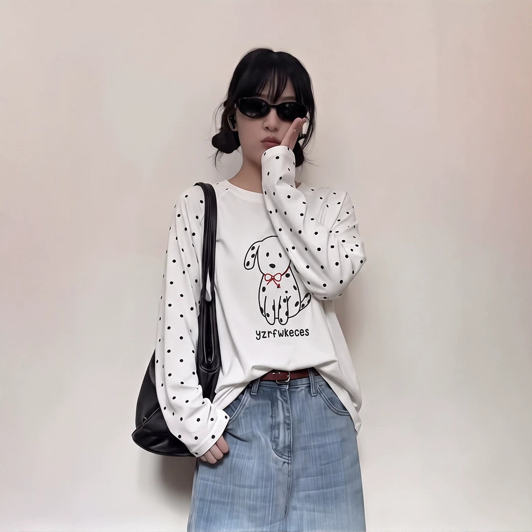 Casual Printed Dog Polka Dot Long Sleeve T-Shirt for Women