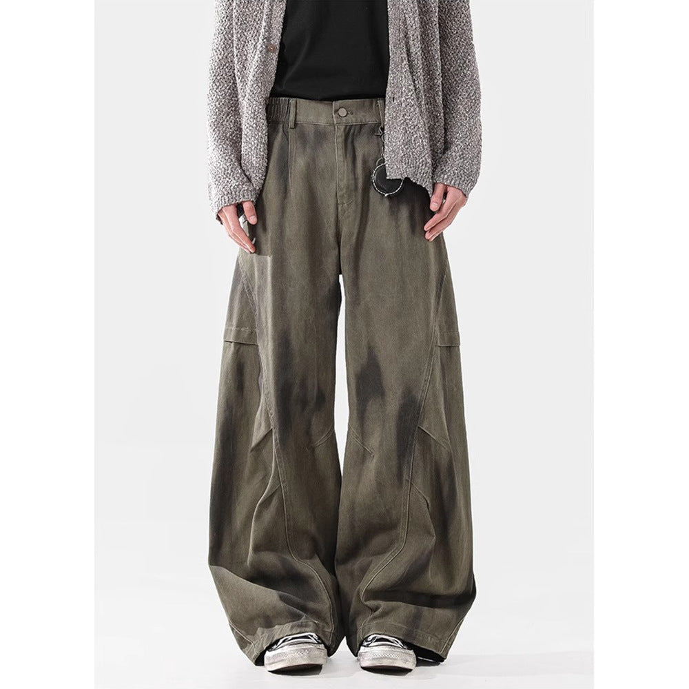 Stylish Design Pleated Distressed Cargo Jeans for Men Loose Fit, Vintage Wash, Versatile Long Pants