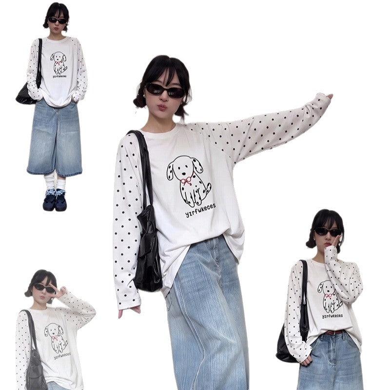 Casual Printed Dog Polka Dot Long Sleeve T-Shirt for Women