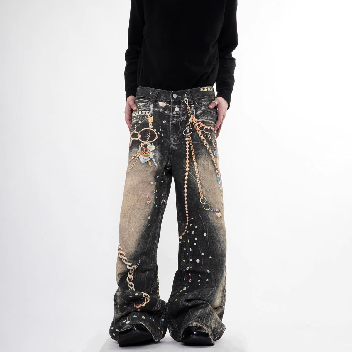 Heavyweight Printed Streetwear Denim Pants with Chain Detail Straight Leg Long Trousers for Men and Women