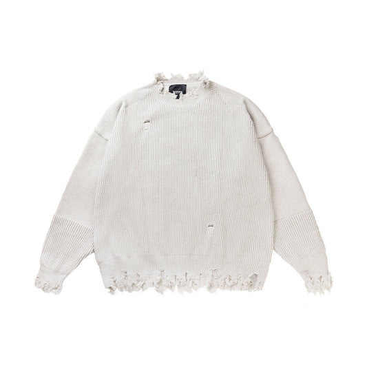 Streetwear Style Ripped Distressed Design Long Sleeve  Loose Fit Knit Sweater