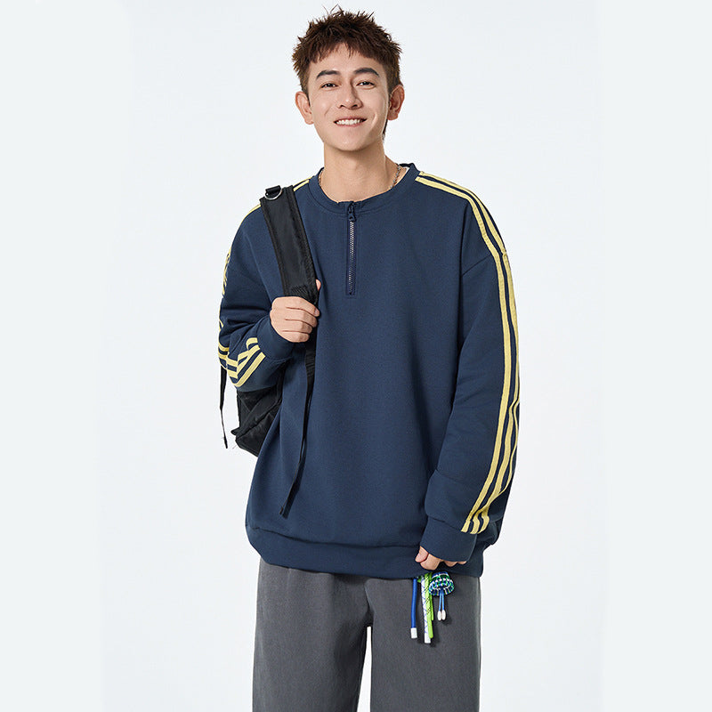 Thick Lightweight Hoodie Men Autumn Loose Fashion Brand Striped Base Layer Round Neck High Street Versatile Couple Tops