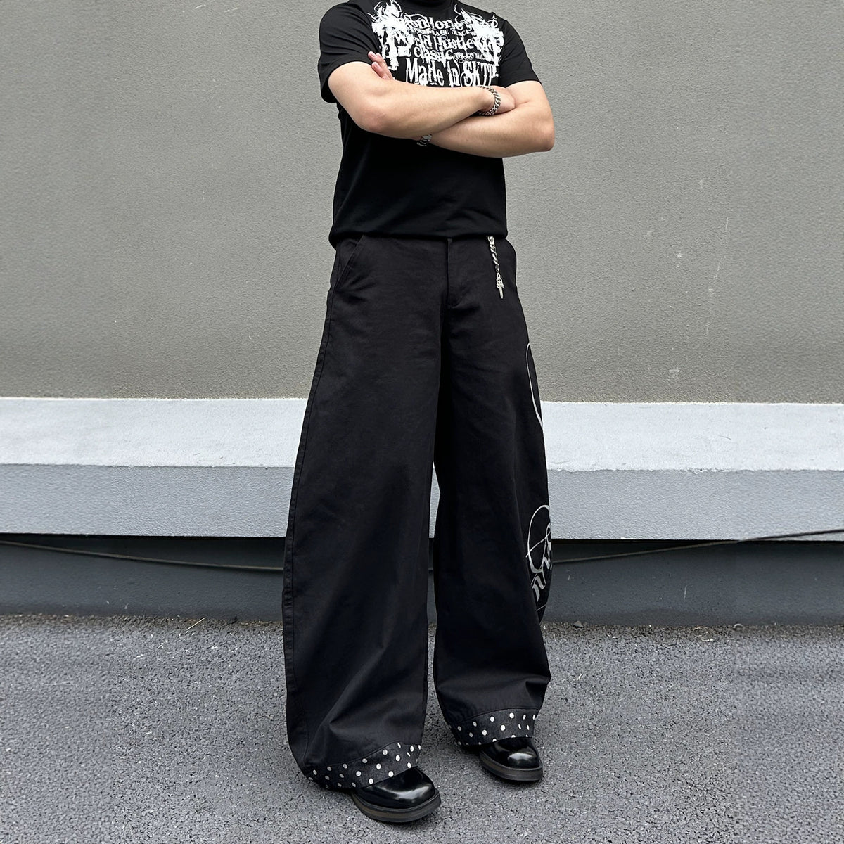 Street Style Black Patchwork Polka Dot Print Men's Loose Wide-Leg Jeans, Cool Casual Flared Denim Pants